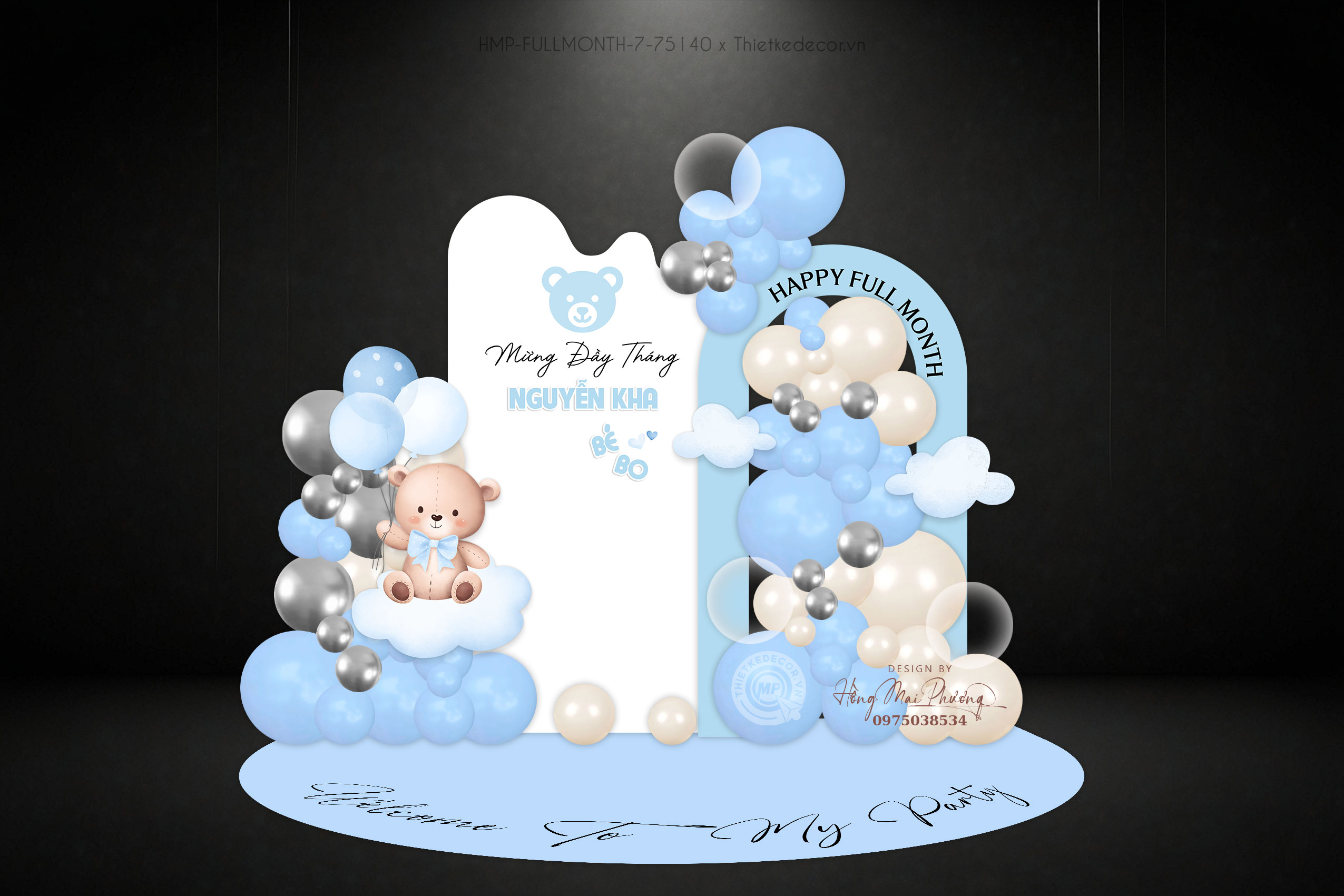 Tiệc full month đầy tháng bé trai tone xanh chủ đề Gấu và Mây cute